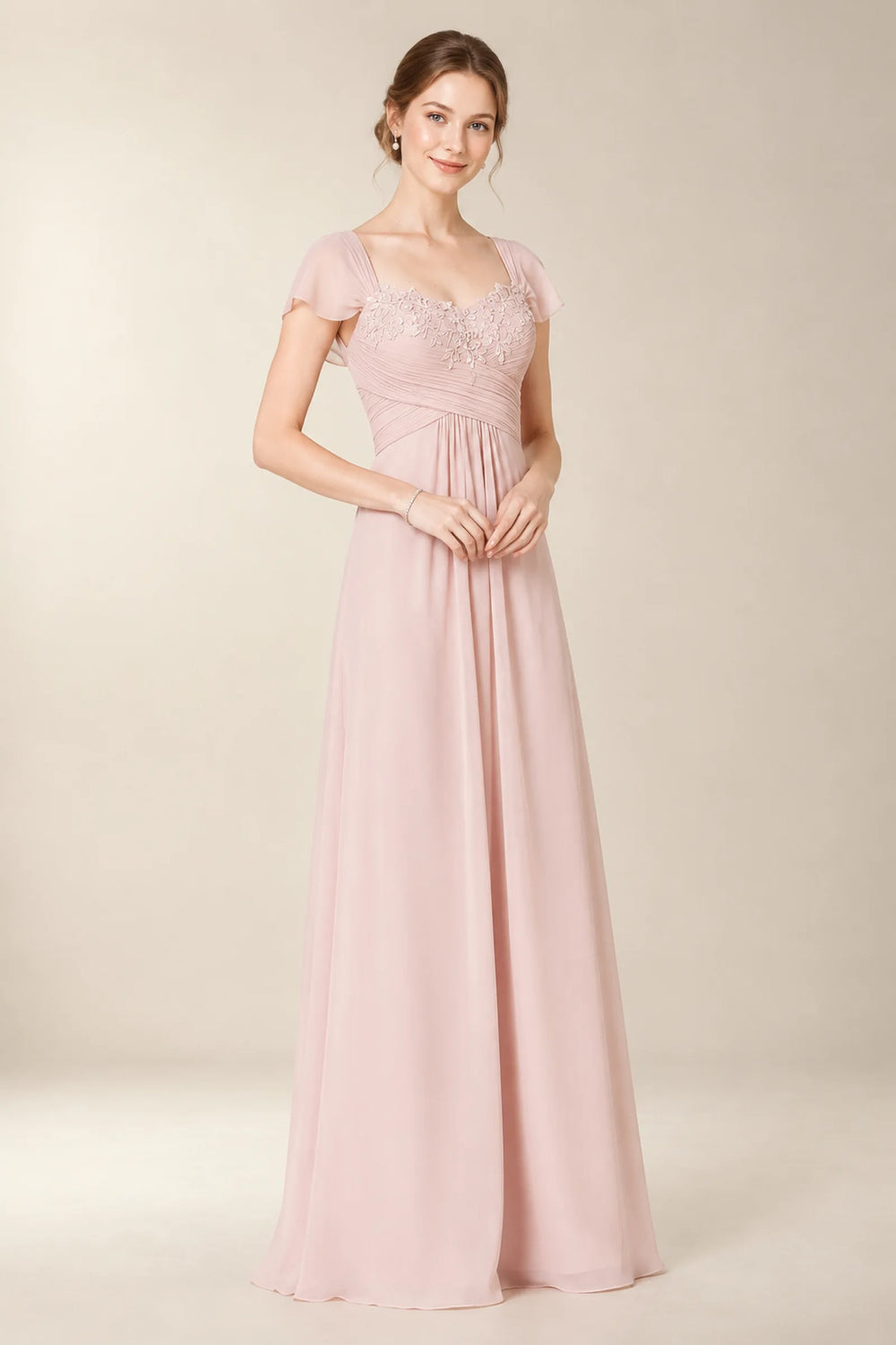 Pearl Pink Ruched Lace-Trimmed Chiffon A-Line Bridesmaid Dress