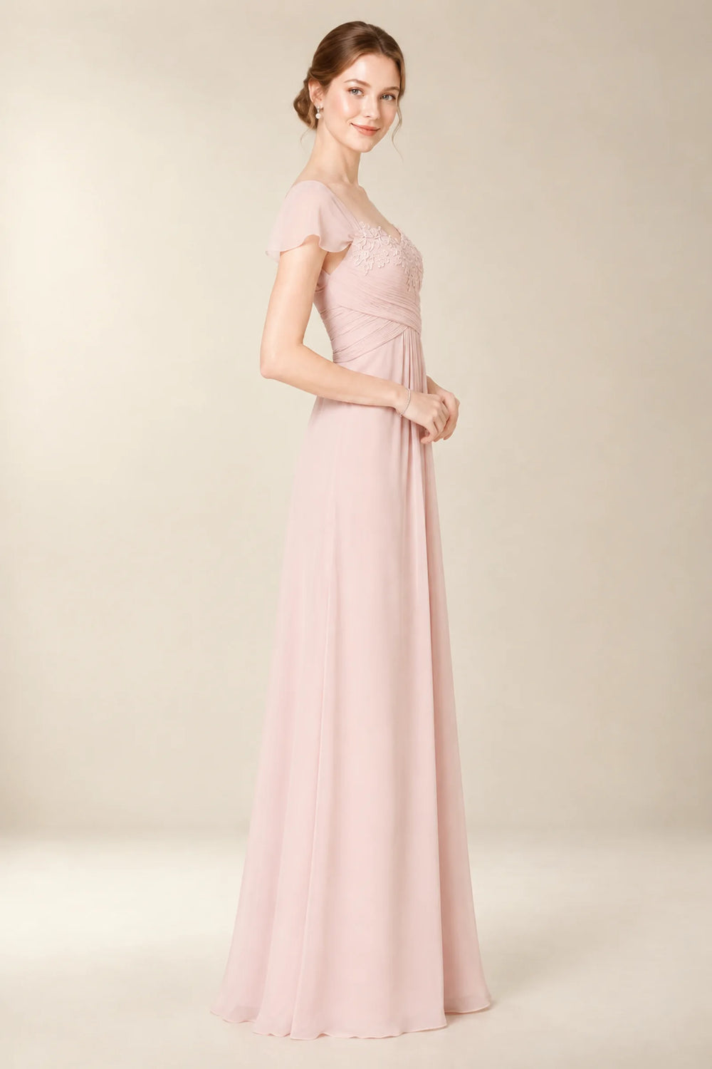 Pearl Pink Ruched Lace-Trimmed Chiffon A-Line Bridesmaid Dress