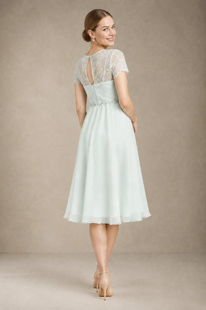 Sea Glass Short-Sleeve Lace and Chiffon Empire-Waist Maternity Cocktail Dress