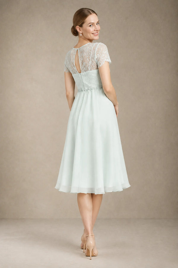 Sea Glass Short-Sleeve Lace and Chiffon Empire-Waist Maternity Cocktail Dress