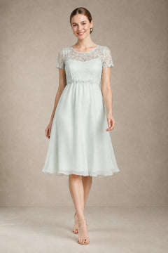 Sea Glass Short-Sleeve Lace and Chiffon Empire-Waist Maternity Cocktail Dress