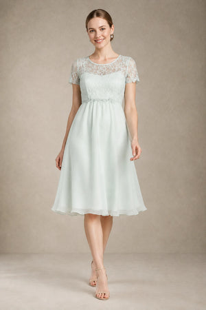 Sea Glass Short-Sleeve Lace and Chiffon Empire-Waist Maternity Cocktail Dress