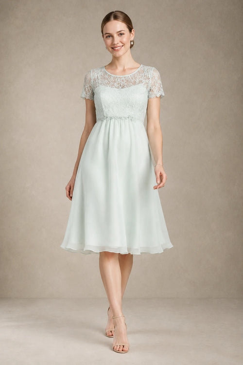 Sea Glass Short-Sleeve Lace and Chiffon Empire-Waist Maternity Cocktail Dress