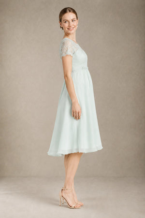 Sea Glass Short-Sleeve Lace and Chiffon Empire-Waist Maternity Cocktail Dress