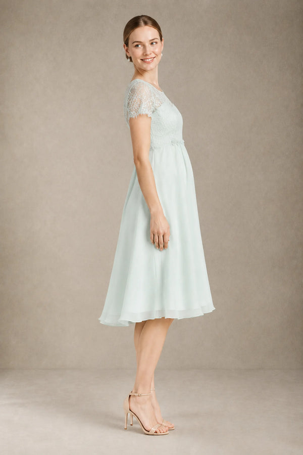Sea Glass Short-Sleeve Lace and Chiffon Empire-Waist Maternity Cocktail Dress