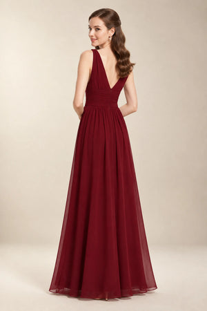 Burgundy Ruched V-Back Chiffon A-Line Bridesmaid Dress