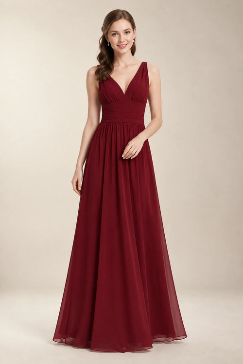 Burgundy Ruched V-Back Chiffon A-Line Bridesmaid Dress