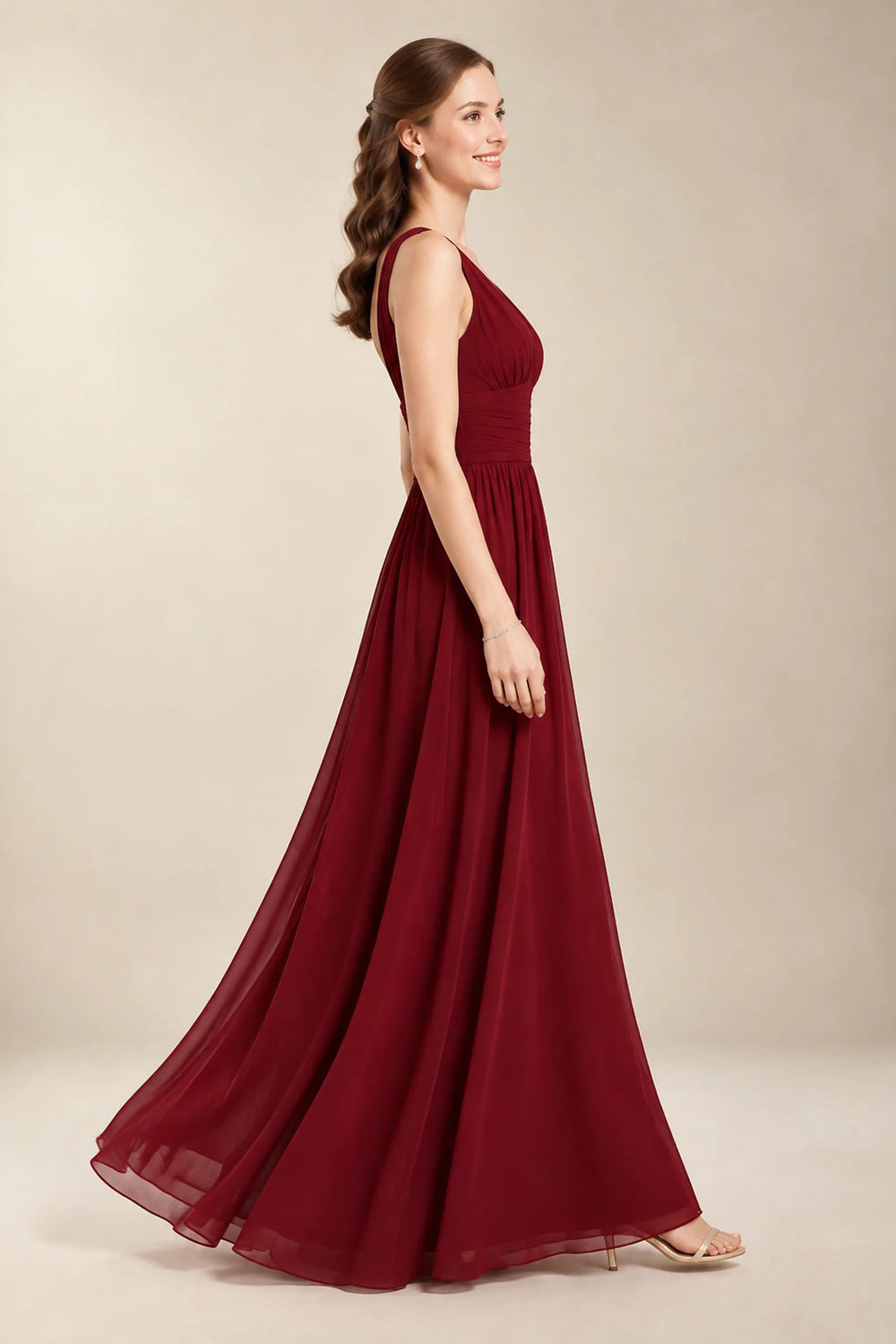 Burgundy Ruched V-Back Chiffon A-Line Bridesmaid Dress