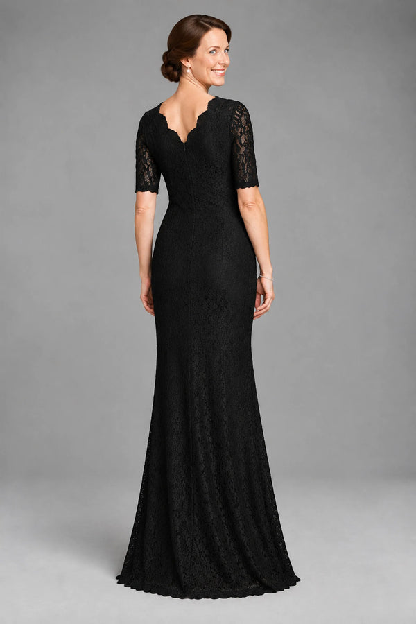 Black Elbow-Sleeve Lace Sheath Evening Dress with Scalloped Neckline