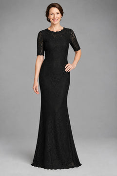 Black Elbow-Sleeve Lace Sheath Evening Dress with Scalloped Neckline