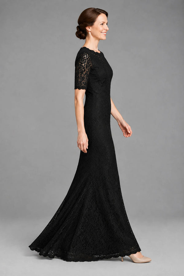 Black Elbow-Sleeve Lace Sheath Evening Dress with Scalloped Neckline