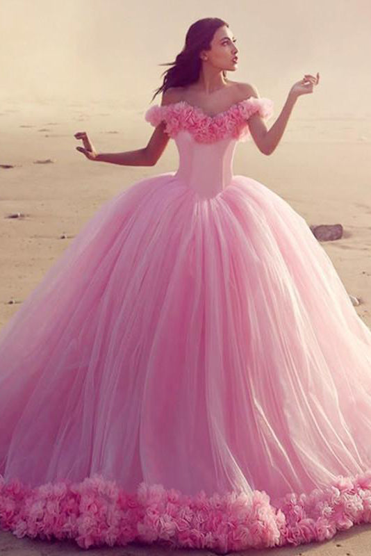 Lilac Off-the-Shoulder Tulle Ball Gown Prom Dress with 3D Flowers