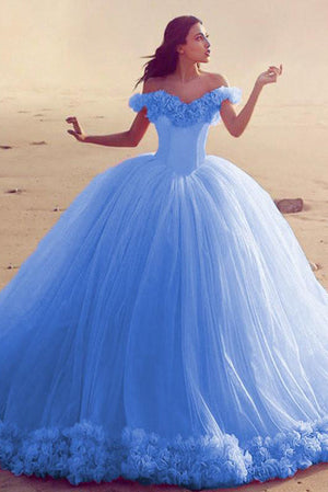 Lilac Off-the-Shoulder Tulle Ball Gown Prom Dress with 3D Flowers