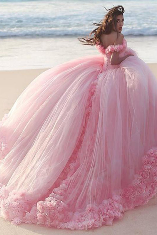 Lilac Off-the-Shoulder Tulle Ball Gown Prom Dress with 3D Flowers