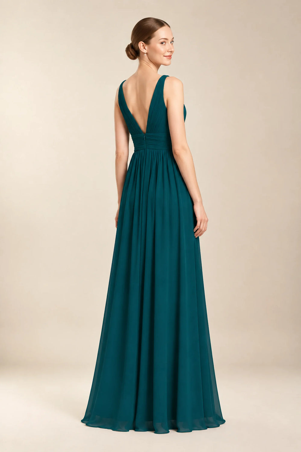 Peacock Pleated Low-Back Chiffon A-Line Bridesmaid Dress