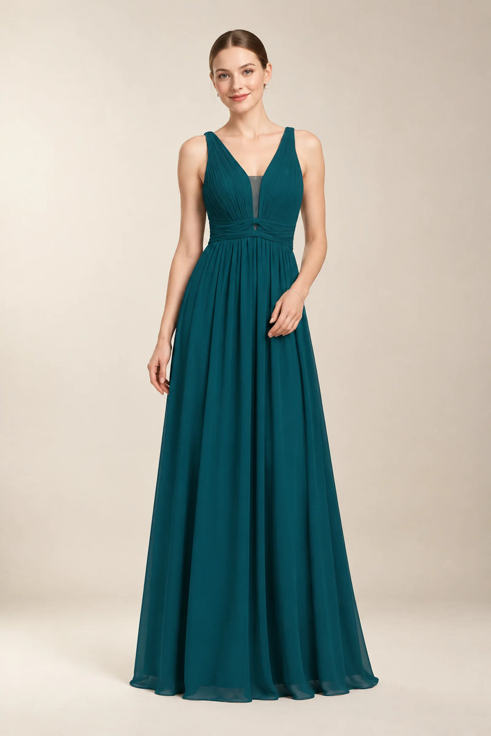 Peacock Pleated Low-Back Chiffon A-Line Bridesmaid Dress