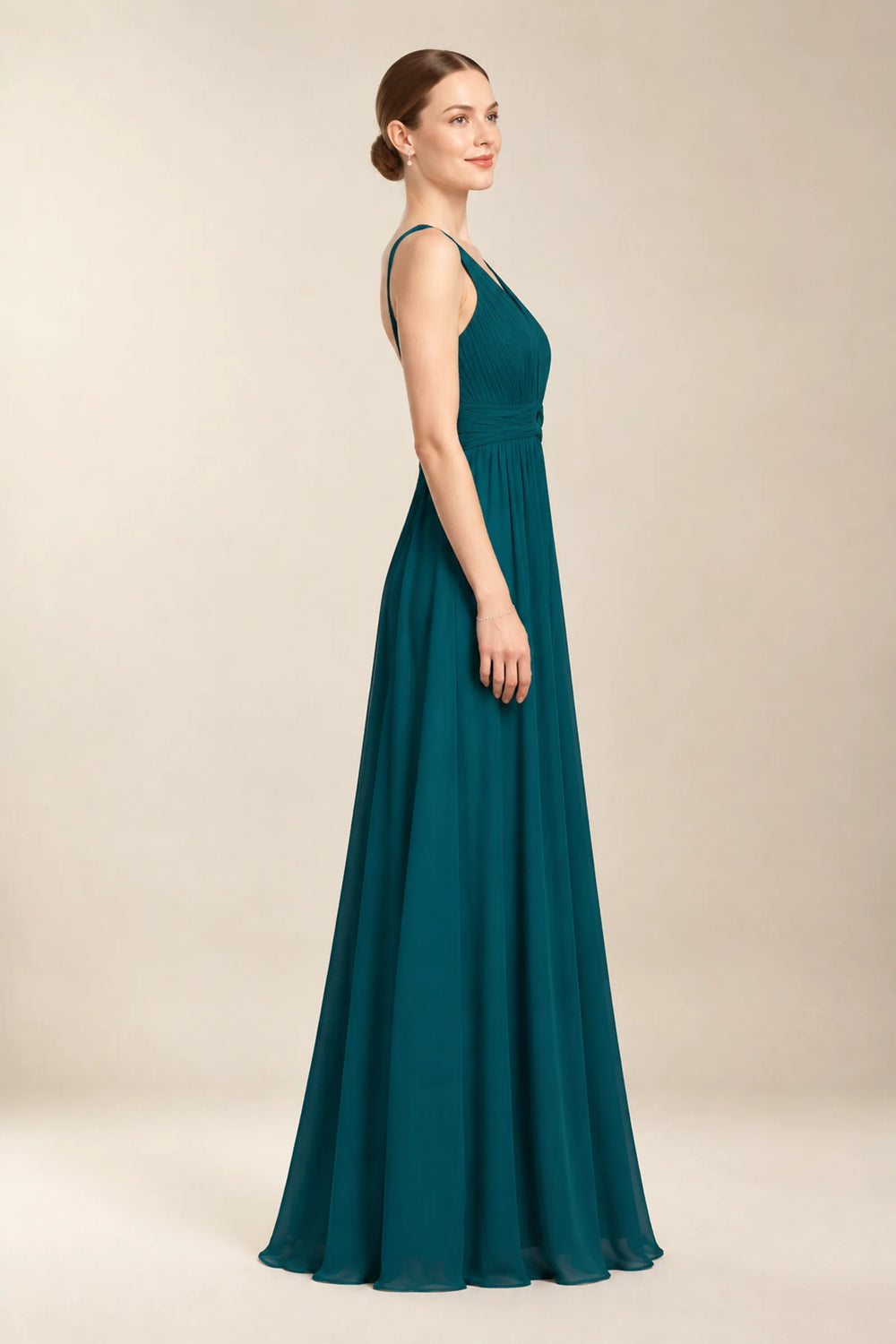Peacock Pleated Low-Back Chiffon A-Line Bridesmaid Dress