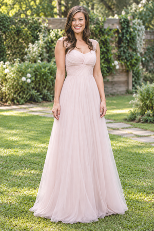 Julia Blushing Pink twist-front tulle bridesmaid dress without belt, AI-generated front view