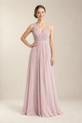 Pearl Pink Pleated V-Back Chiffon A-Line Bridesmaid Dress