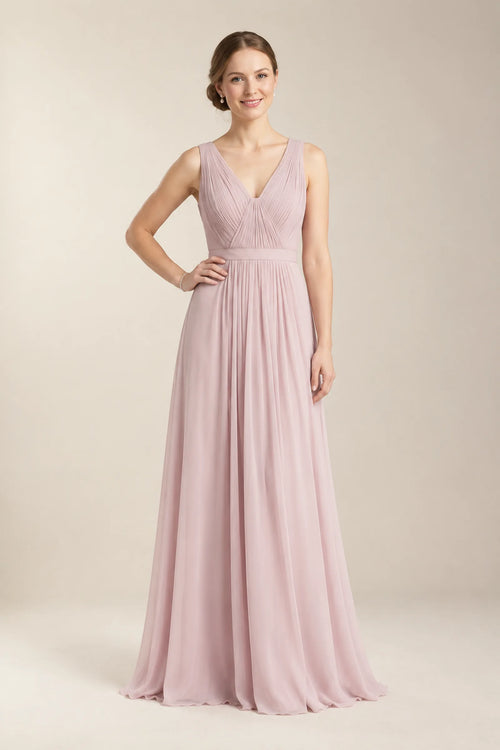 Pearl Pink Pleated V-Back Chiffon A-Line Bridesmaid Dress