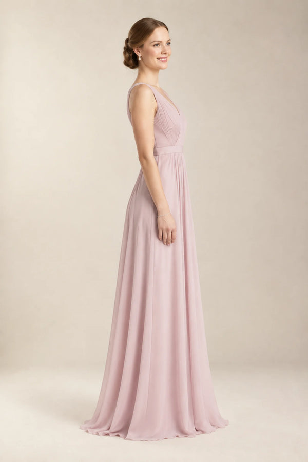 Pearl Pink Pleated V-Back Chiffon A-Line Bridesmaid Dress