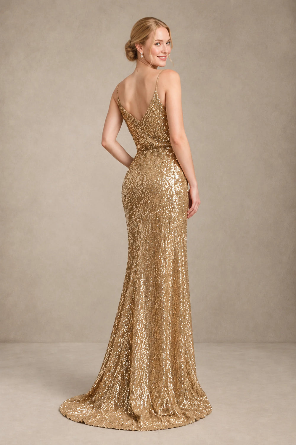 Gold Surplice Sequin Sheath Prom Dress with High Slit