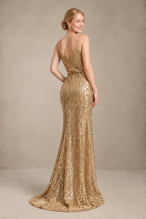 Gold Surplice Sequin Sheath Prom Dress with High Slit