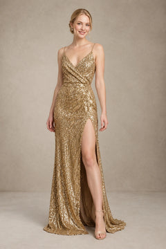 Gold Surplice Sequin Sheath Prom Dress with High Slit