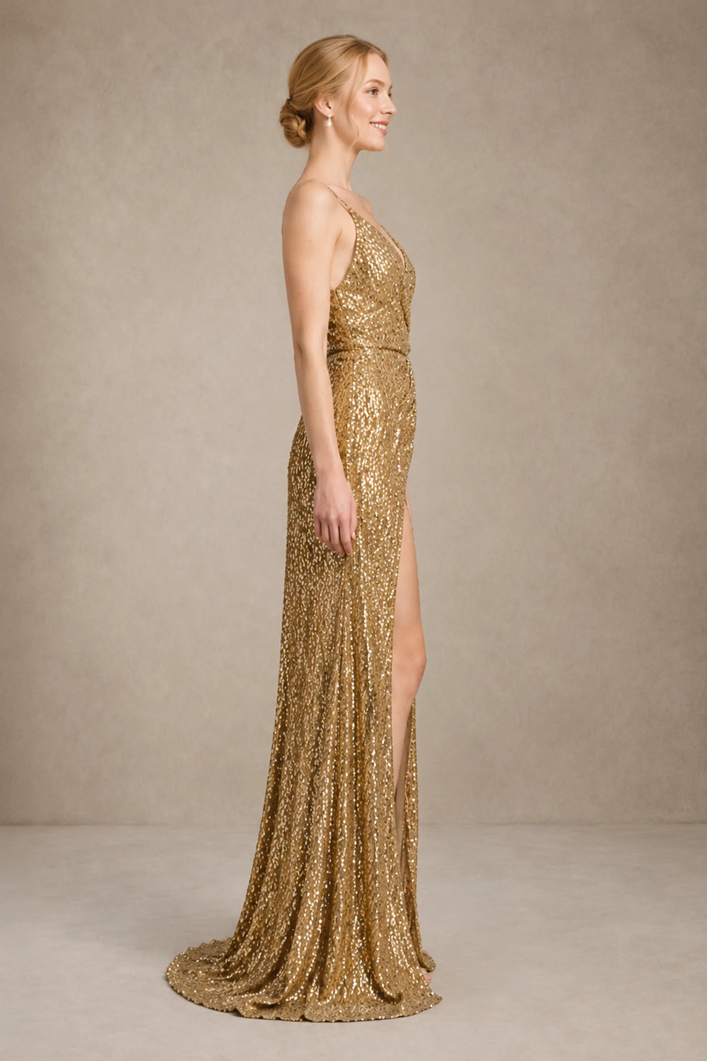 Gold Surplice Sequin Sheath Prom Dress with High Slit