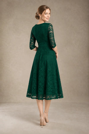 Dark Green Short 3/4-Sleeve V-Neck Lace A-Line Mother of the Bride Dress
