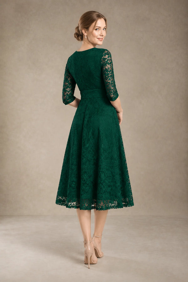 Dark Green Short 3/4-Sleeve V-Neck Lace A-Line Mother of the Bride Dress