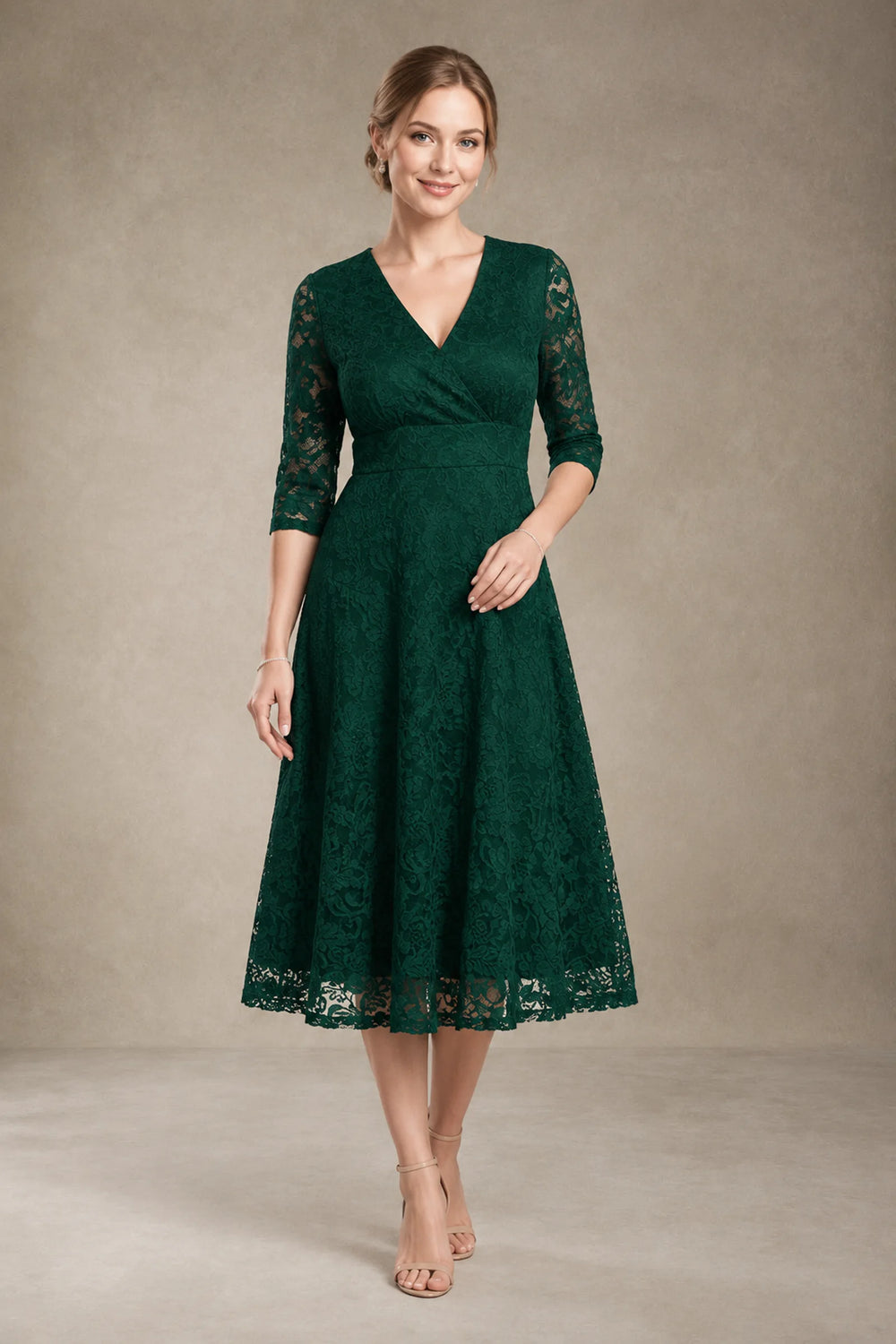 Dark Green Short 3/4-Sleeve V-Neck Lace A-Line Mother of the Bride Dress