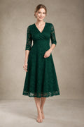 Dark Green Short 3/4-Sleeve V-Neck Lace A-Line Mother of the Bride Dress