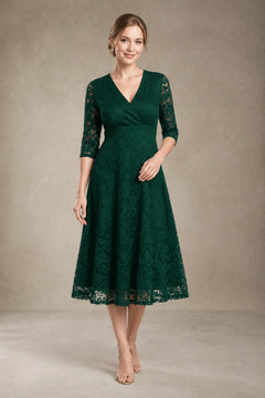 Dark Green Short 3/4-Sleeve V-Neck Lace A-Line Mother of the Bride Dress