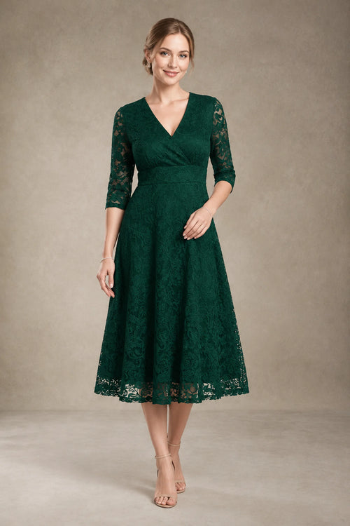 Dark Green Short 3/4-Sleeve V-Neck Lace A-Line Mother of the Bride Dress