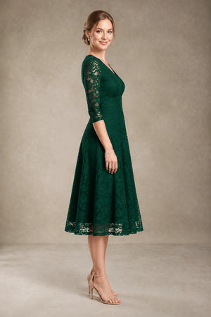 Dark Green Short 3/4-Sleeve V-Neck Lace A-Line Mother of the Bride Dress