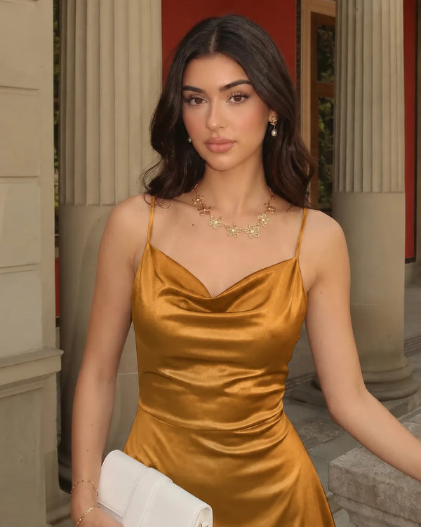 Selma Butterscotch stretch satin short homecoming dress, detail view