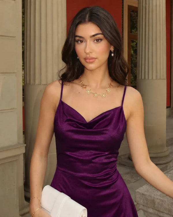 Selma Plum stretch satin short homecoming dress, detail view