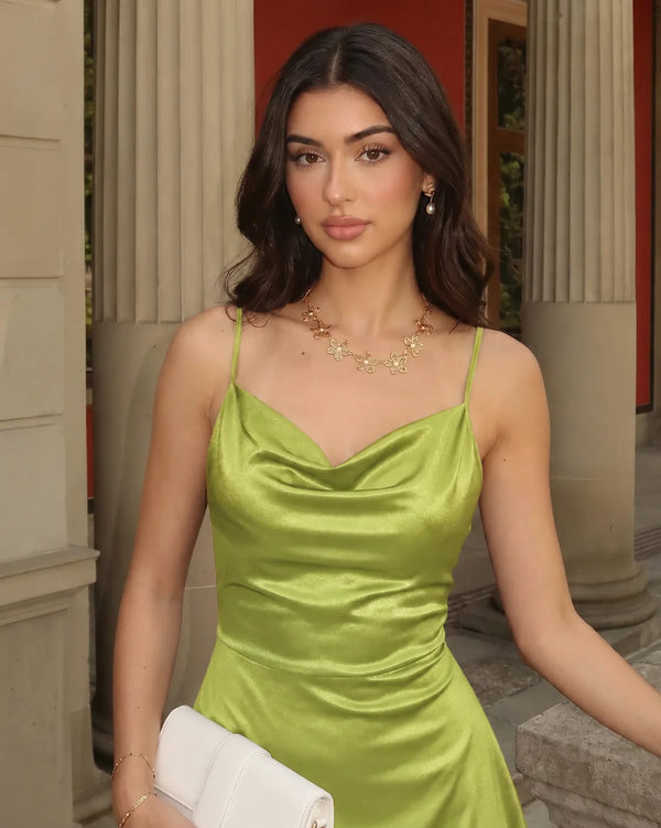Selma Lemongrass stretch satin short homecoming dress, detail view