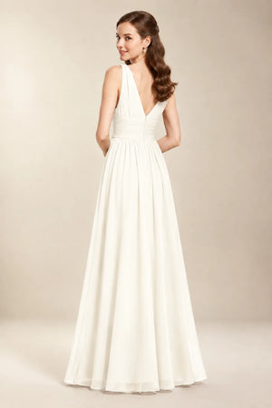 Chantel Ivory chiffon wedding dress, back view with low V-back and zipper