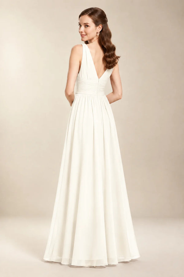 Chantel Ivory chiffon wedding dress, back view with low V-back and zipper