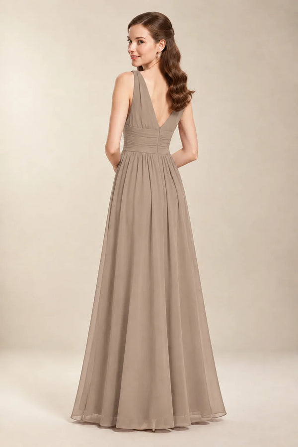 Chantel Taupe chiffon floor-length bridesmaid dress, back view