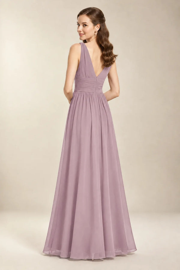 Chantel Dusk ruched V-neck chiffon bridesmaid dress, back view