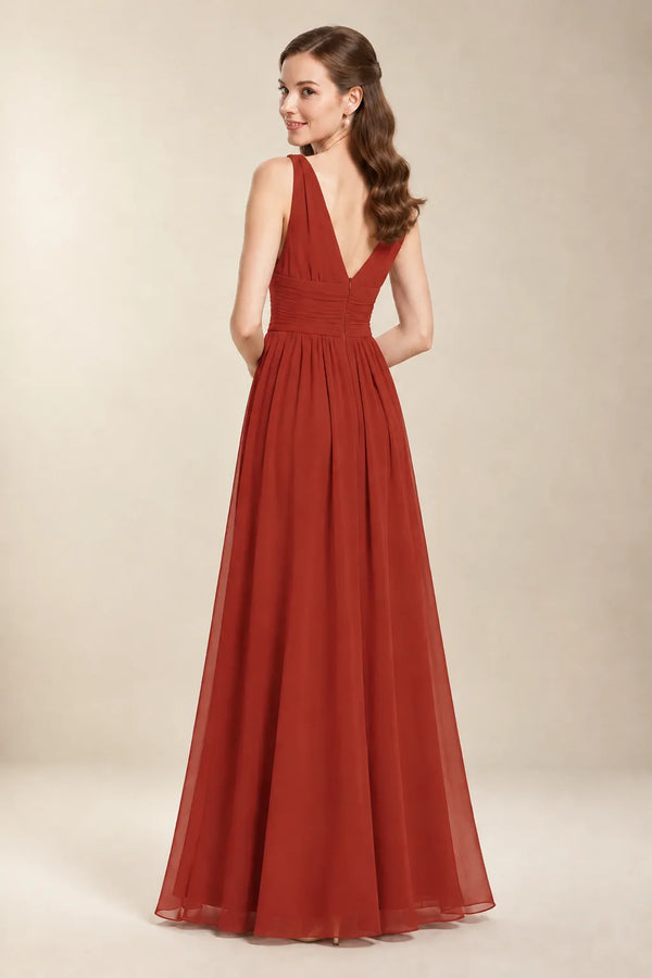 Chantel Rust chiffon bridesmaid dress, back view with low V-back and zipper