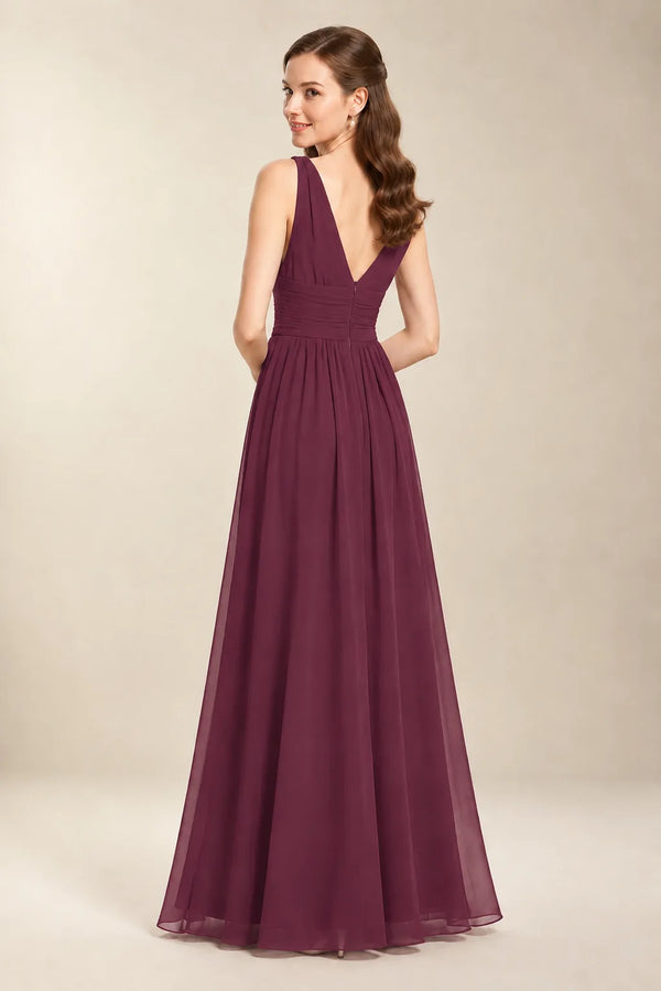 Chantel Berry chiffon bridesmaid dress, back view with low V-back and zipper