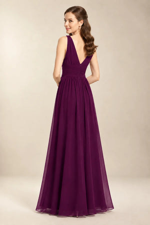 Chantel Plum chiffon bridesmaid dress, back view with low V-back and zipper