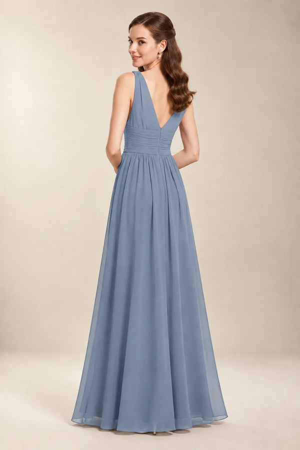 Chantel Dusty Blue chiffon floor-length bridesmaid dress, back view