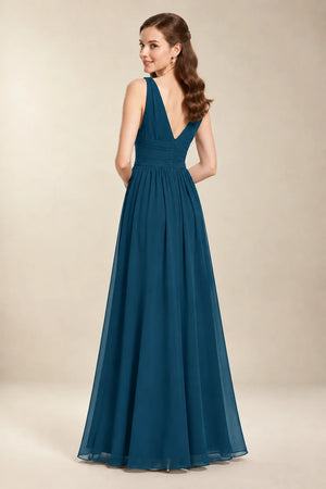 Chantel Ink Blue chiffon floor-length bridesmaid dress, back view