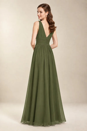 Chantel Olive Green chiffon floor-length bridesmaid dress, back view