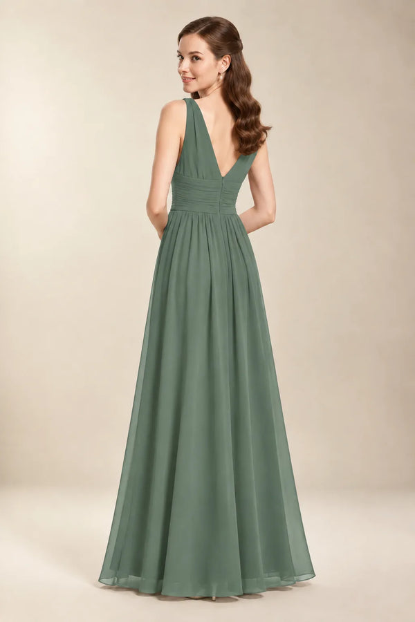 Chantel Eucalyptus chiffon bridesmaid dress, back view with low V-back and zipper